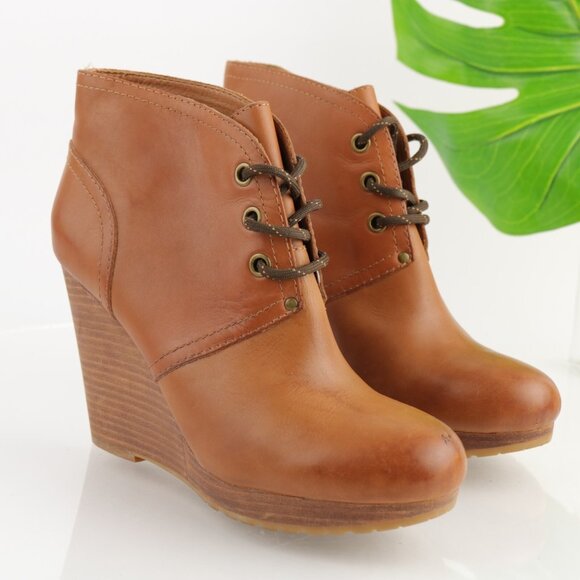 Lucky Brand Womens Norice Boot Size 9.5 Cognac Leather Wedge Platfrom Lace Up - Picture 1 of 12